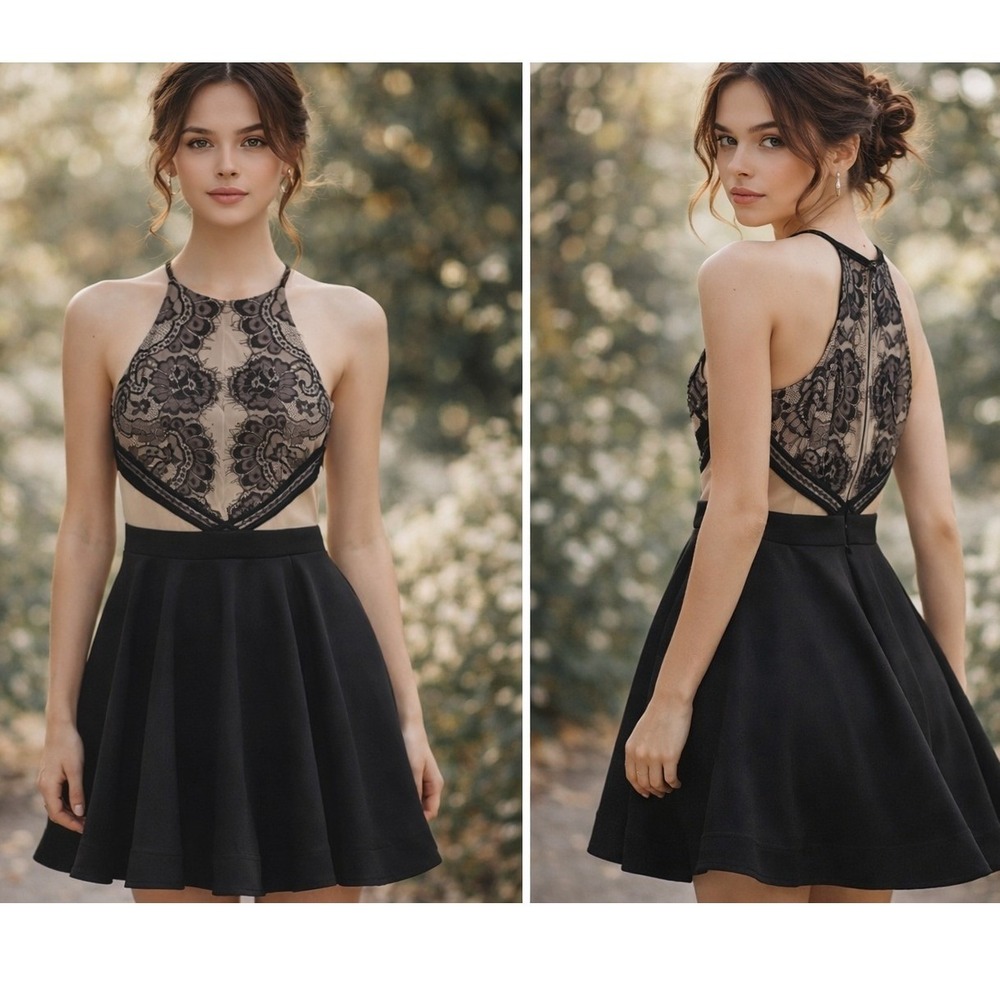 Fit and Flare Dress Women 5 Black Nude Lace‎ Halter Cocktail Coquette